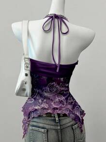 SHEIN EZwear 紫色花卉印花网眼吊带背心，Y2K 风格，适合俱乐部穿着 - 彩色 - 查看 2