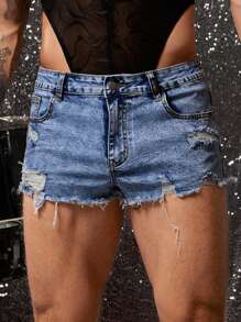 FeverCity Fever City Fashion 磨边男式牛仔短裤，Emo 风格