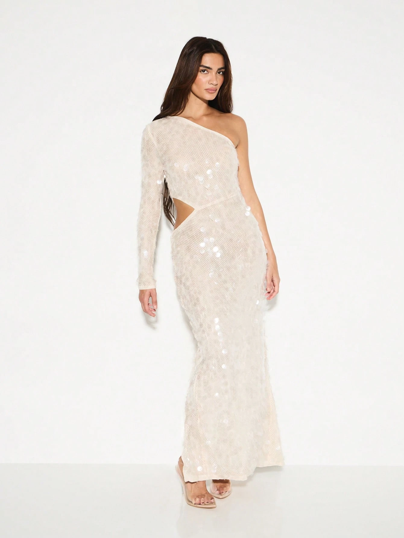 KIZN Abito lungo monospalla con disco in paillettes trasparente