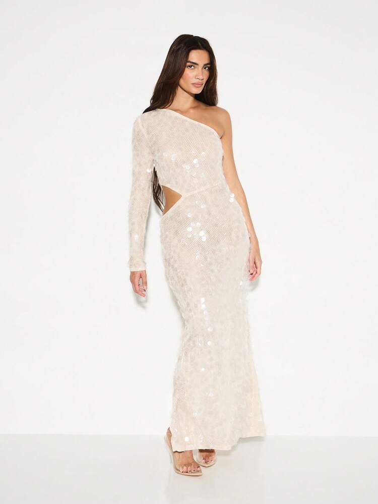 KIZN Clear Disk Sequin One Shoulder Maxi Dress