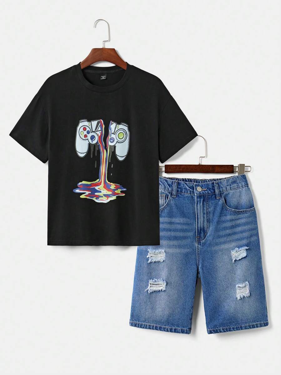 SHEIN Teen Boys 2pcs/Set Casual Game Print Round Neck Black T-Shirt And ...