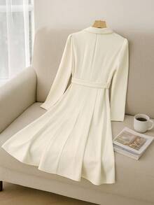 Franclia Women's Cream White Elegant Minimalist Commuter Dress,Autumn Long Sleeve Mid-Length Tea Party Dress With Metal Buckle,Collar Rhinestone Decoration - Apricot - View 2