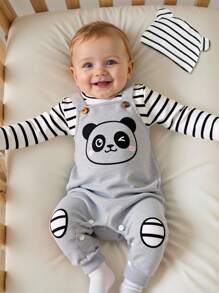 SHEIN 3件套婴儿/新生儿/幼儿男童舒适套装：条纹连体衣、灰色围兜裤、带可爱熊猫刺绣的条纹帽。休闲、舒适、时尚、简约、实用、多功能、柔软可爱，是送礼佳品，每个宝宝的必备单品。适合所有季节，秋冬季户外活动皆宜。