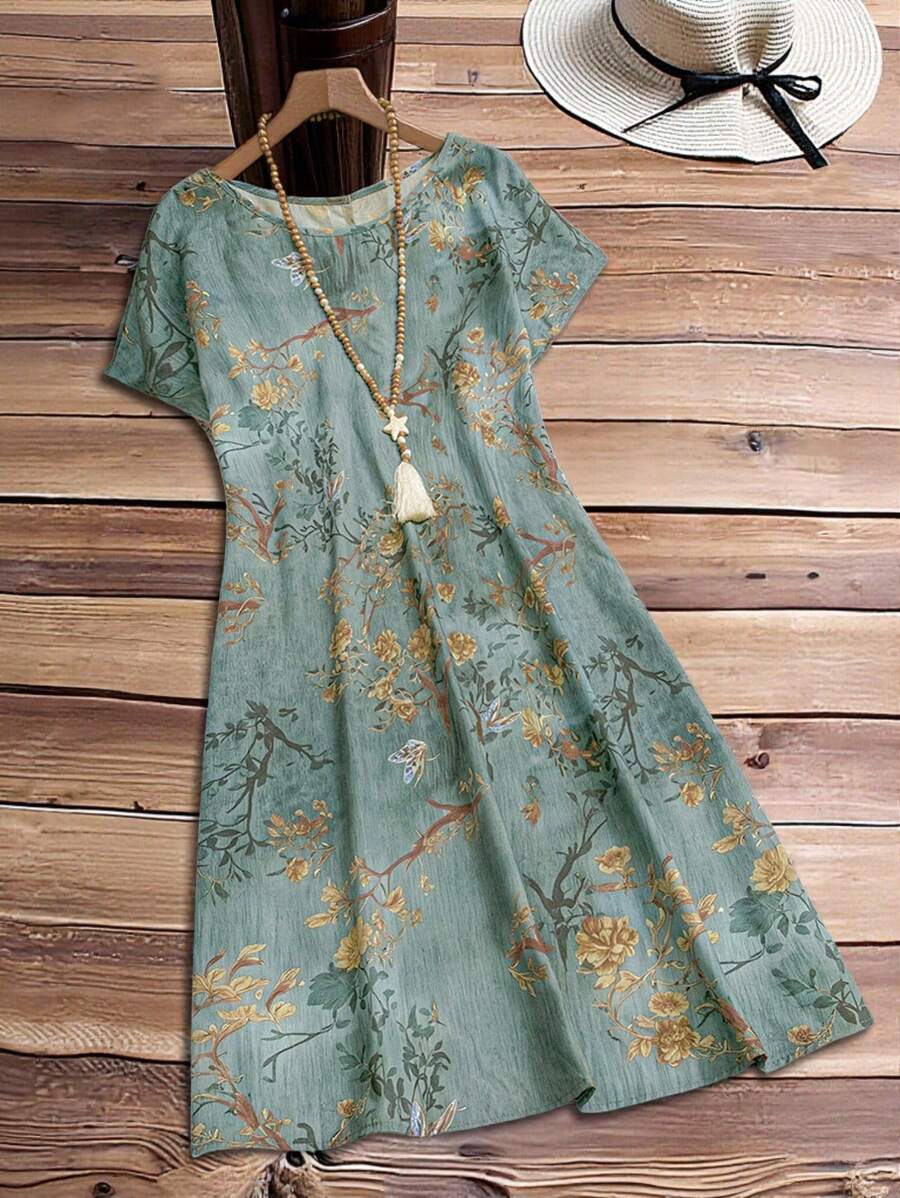 EMERY ROSE 大码圆领短袖印花休闲直筒连衣裙，日常穿着，适合夏季 - 彩色 - 查看 1