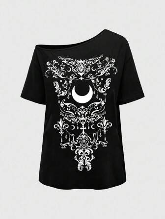 Goth Gothic Vintage Vine & Crescent Moon Print Oversized Drop Shoulder Short Sleeve T-Shirt