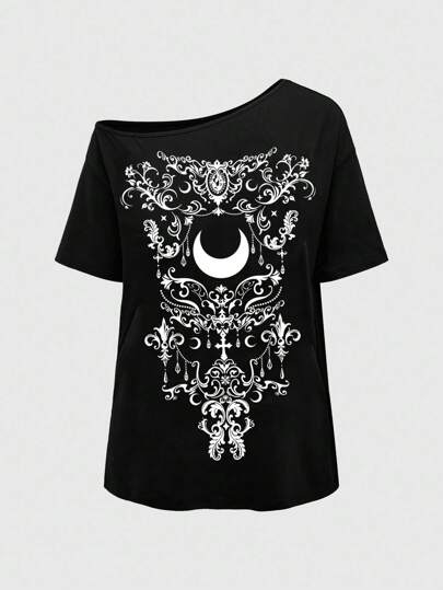 Goth Camiseta de manga corta con hombros caídos y estampado de enredadera y luna creciente vintage gótico de talla grande