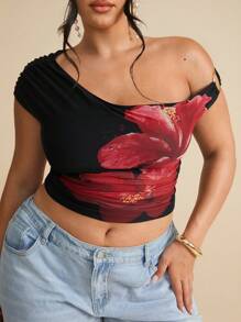 SHEIN BAE 全新夏季海滩度假加大码女式纹理刺绣不对称领口褶皱弹力针织上衣，可爱夏季上衣，波西米亚风，Vcay，假日，黑色上衣，外出西部装 - 黑色 - 查看 6