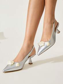 CUCCOO CHICEST Women's Pointed Toe Metallic Leather Floral Rose High Heel Shoes, Elegant Sweet Romantic Silver Stilettos, Suitable For Formal Occasions, Weddings, Parties, Dates, Holiday Seasons - Silver - View 6