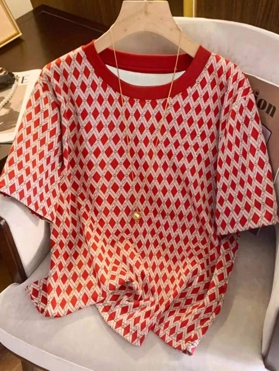 SHEIN Women's Full Print T-Shirt, Comfortable And Casual, Spring/Summer