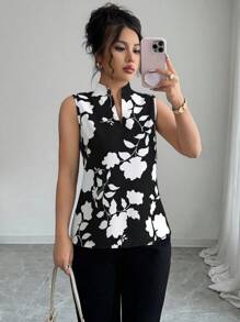 Elenzga 女式 V 领花卉印花半襟无袖衬衫 - 彩色 - 查看 3