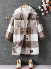 SHEIN Young Girl Young Girl Twims Girl Letter Decor Plaid Knit Casual Fuzzy Jacket,Warm & Comfortable, Fashion Warm Jacket, Suitable For Casual Everyday Wear,Fleece Mid-Length Lapel Collar Long Sleeve Coat For Winter,For Halloween.Back To School Seasom.,Mommy & Sister & Me Matching. Fall - Coffee Brown - View 3