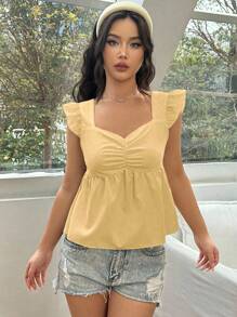 SHEIN Unity Blusa amarilla con textura de unicolor, fruncido en el pecho y cuello en forma de corazón con volante - Albaricoque - Ver 6