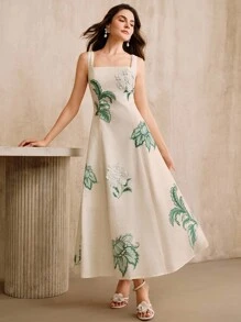 Anewsta 女士优雅花卉印花细肩带连衣裙 - 綠色 - 查看 5