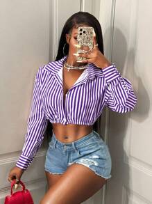 BamGleam Camisa Casual Listrada Curta e Sexy para Transporte