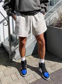 Manfinity Fitness Shorts deportivos elásticos de cintura con cordón de estilo novio, shorts de verano grises