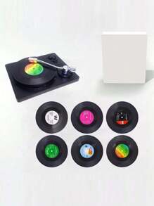 SHEIN 6 buc suporturi de pahare pentru discuri de vinil, pernă antiderapantă rezistentă la căldură, model vintage clasic retro american rock cu muzică CD, pernă izolatoare, decor pentru casă/