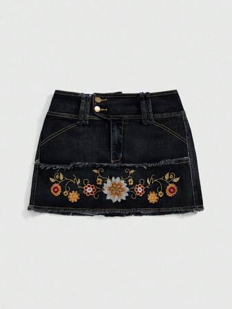 Fairycore Minifalda de mezclilla con bordado floral y dobladillo con flecos para mujer