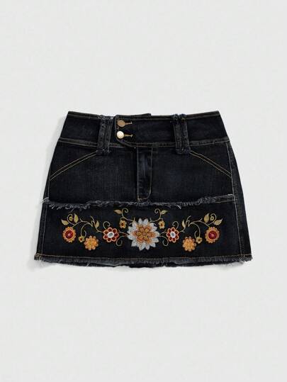Fairycore Women's Floral Embroidered Fringe Hem Short Denim Mini Skirt