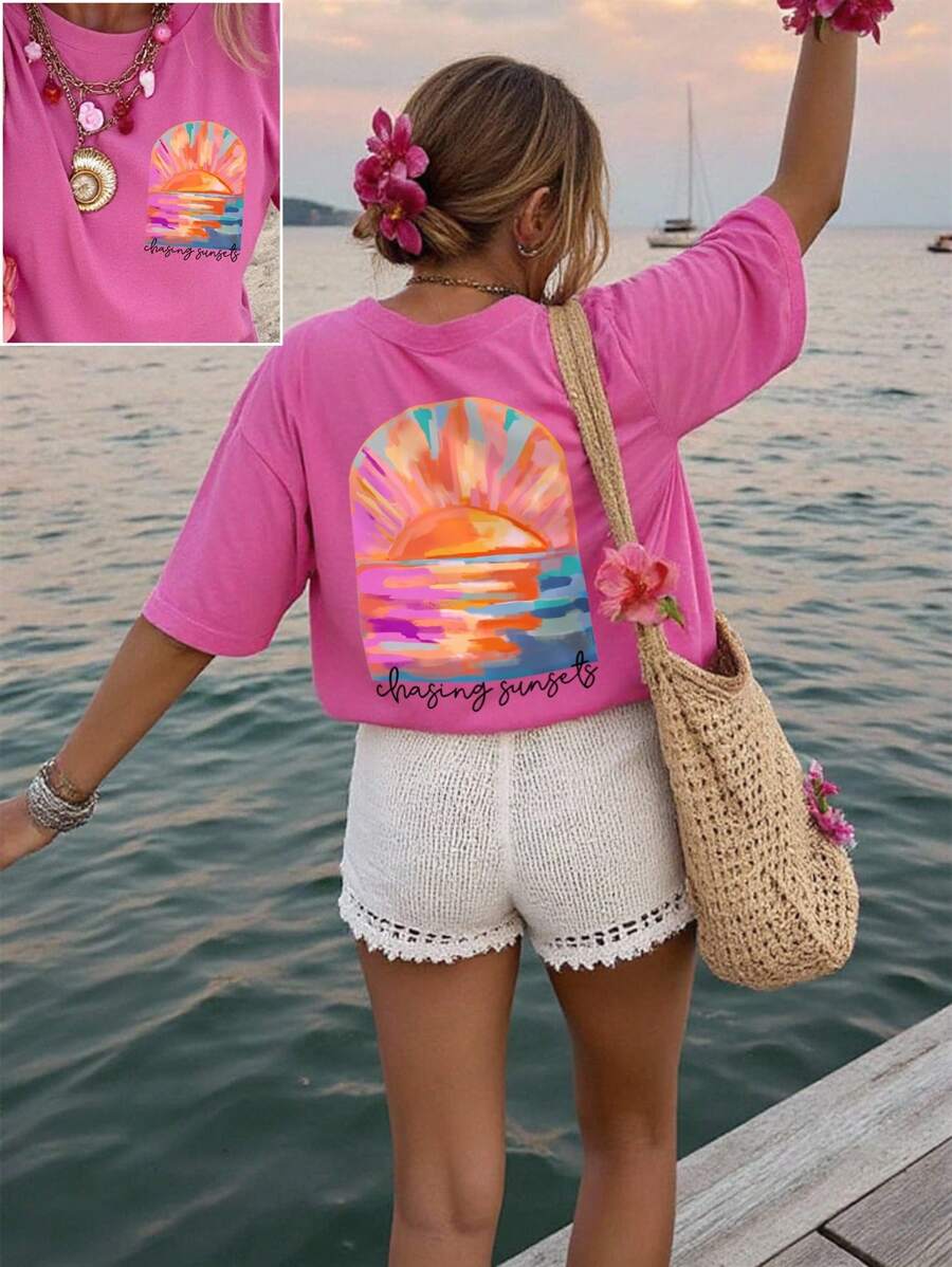 DrmWander Women's Casual Letter & Painting Print Drop Shoulder Short Sleeve T-Shirt, Summer