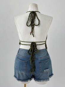 Sunspun Y2K American Punk Textured Spaghetti Strap Tie Strap Camisole For Women - Green - View 2