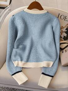 Franclia 女士撞色圆领开衫，春秋 - 藍白色 - 查看 2