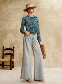 EMERY ROSE 女士休闲蓝色雪纺印花系带衬衫，适合日常通勤、秋季新款、返校季、办公穿着、教师装。 - 藍色 - 查看 5