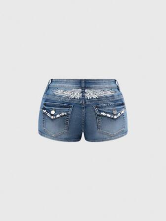 Grunge Punk Short en jean ultra court sexy avec dos nu, broderie d'ailes et décoration de strass, taille basse dévoilant le ventre, style Y2K
