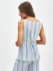 ATUI Studio Blusa de rayas azules de lino estilo bohemio para mujer, ideal para vacaciones, tiempo libre y uso casual en la oficina o como invitada de boda