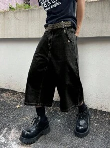 Claim Dot Men's Loose Fit Pocketed Wide Leg Casual Denim Shorts Washed Loose Wide Leg Denim Shorts