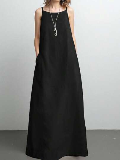 INAWLY Women's Casual Chic Minimalist Vacation Romantic Solid Color Spaghetti Strap Pocket Dress, Plus Size Vacation Formal Black Summer