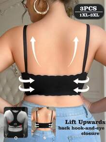 SHEIN 3件套大码女士纯色弧形下摆休闲文胸套装 - 彩色 - 查看 3