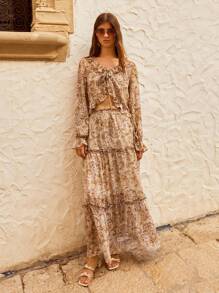 Maija Floral Print Ruffle Hem Patchwork A-Line Skirt, Bohemian Style For Women, Suitable For Autumn Vacation,Halloween - Multicolor - View 2