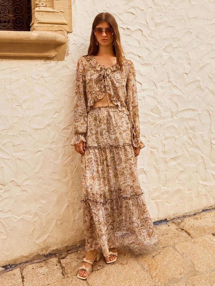 SHEIN Maija Floral Print Ruffle Hem Patchwork A-Line Skirt, Bohemian Style For Women, Suitable For Autumn Vacation,Halloween