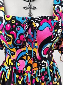 Sunspun Halloween Y2K Dark Skull Skeleton Subculture Short Sleeve Dress - Multicolor - View 3