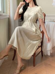 DAZY Vestido de mujer de longitud media con cuello redondo y parches de encaje elegante para el verano - Beis - Ver 7