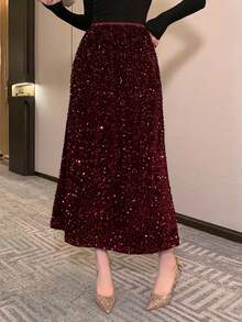 DAZY Autumn Elastic Waist Sequin Mermaid Skirt For Women, Christmas Winter New Years Carnival - Burgundy - View 1