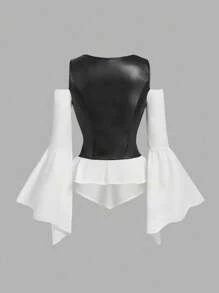 SHEIN MOD 大码女式二合一系带喇叭袖时尚衬衫 - 黑與白 - 查看 3