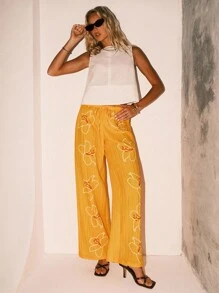 SHEIN Forever 21 春夏女士浪漫/舞会/正式/生日/90 年代/商务休闲女士/优雅/西部装/外出/时尚/休闲/Y2K/俱乐部/办公室/鸡尾酒会/复古/狂欢节/有趣/优雅/老钱/街头服饰/度假/乡村音乐会/工作/端庄/春假/单身派对/音乐会/坏人/基本款/毕业/低腰宽松直筒花裤 - 黃色 - 查看 7
