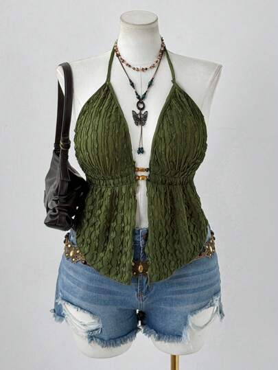 Sunspun Y2K American Punk Textured Spaghetti Strap Tie Strap Camisole For Women