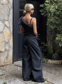 DAZY Women's Summer Asymmetrical Neck Bow Striped Patchwork Sleeveless Top And Loose Casual Wide Leg Pants Two Pieces Vacation Denim Set