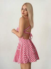 Sweetina 格纹露背交叉系带心形装饰女式迷你连衣裙 - 紅白色 - 查看 4