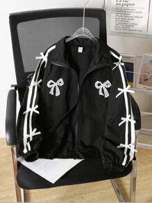 Tween Girl Bow Decor Long Sleeve Zip Front Casual Jacket Fall Winter - Black - View 5