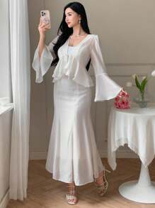DAZY Completo da 2 pezzi composto da blusa in chiffon semplice e casual con laccetti e volant, e gonna a sirena aderente, adatto per matrimoni, lauree, feste, abbigliamento autunnale da donna - Beige - Visualizzare 12