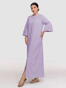 Veilorie 女式条纹纽扣前长休闲连衣裙，春秋季节，端庄的长裙，非常适合海滩/休闲/度假/家居服/返校和日常休闲穿着 - 紫色 - 查看 6