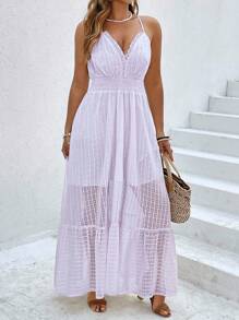 Flirla Plus Size Women Holiday Style Textural Cami Ruffled Collar Elastic Waist Dress - Purple - View 5