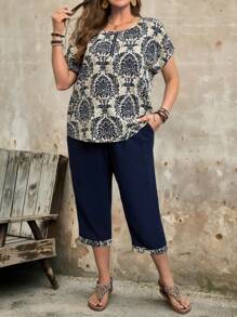 Rusticease Plus Size Holiday Casual Bat Wing Print Shirt And Pants 2pcs Set - Navy Blue - View 3