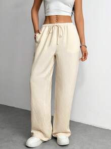 SHEIN PETITE Women's Beige Casual Basic Wide Leg Pants ,Petite Women - Beige - View 1