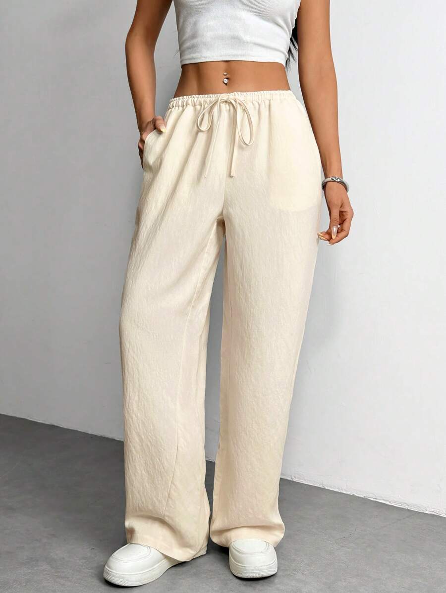 SHEIN PETITE Women's Beige Casual Basic Wide Leg Pants ,Petite Women - Beige - View 1