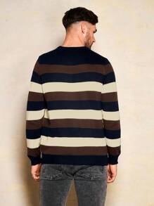 RueChic Men's Simple Striped Splice Round Neck Sweater - Camel - View 2