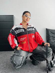 Flirla 复古街头户外立领字母印花机车夹克，女式春秋棒球外套 - 彩色 - 查看 6